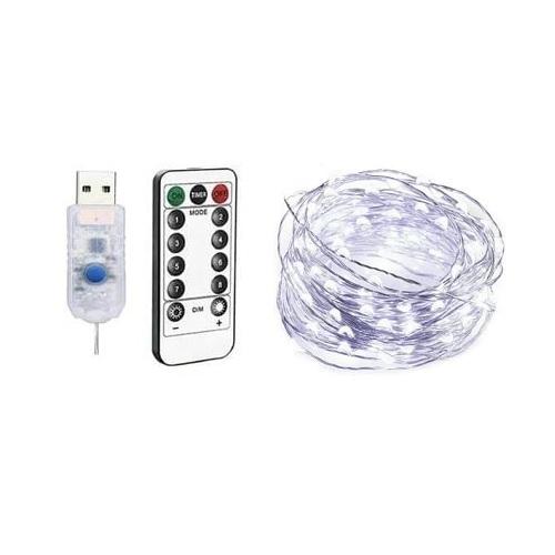 TIRA ALAMBRE LED BLANCO FRIO 10MTS USB CON FUNCIONES Y CONTROL REMOTO EXTERIOR