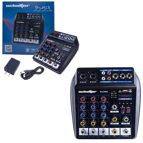 MEZCLADORA DE 4 CANALES, 2MONO+1ST+BLUETOOTH+USB+DELAY+REPRODUCCION DIGITAL POR USB. CHASIS DE PLASTICO, ALIMENTACION POR USB(INCLUYE CABLE Y CARGADOR